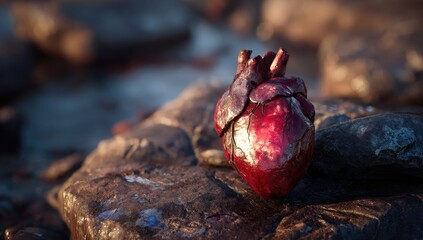 Realistic heart on rocks, stark lighting, dark background