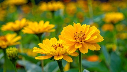 Close-up of vibrant yellow flowers with green foliage in background
