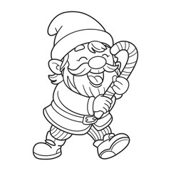 Festive line art illustration of a happy gnome holding a candy cane scalable vector graphic silhouette vector illustration white background