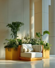 Seating area with greenery. Modern design, cream and gold