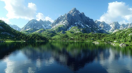 Abstract landscape with sharp mountain peaks, water reflections, blue sky & golden hour lighting, 3D high-resolution rendering
