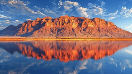Abstract landscape with sharp mountain peaks, water reflections, blue sky & golden hour lighting, 3D high-resolution rendering
