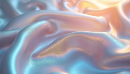 Fototapeta premium Abstract studio photo features iridescent silk fabric. Textile folds create soft waves. Light reflects and creates a beautiful colorful pattern. Silk texture backdrop with pastel tones.