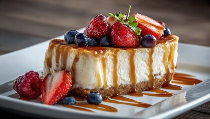 Cheesecake slice with berries & caramel on a white plate