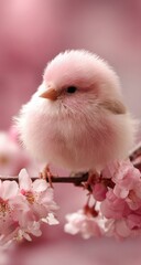 Fluffy pink bird sits on a flowering branch.