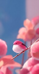 Tiny pink bird perches on a branch amidst soft pink blooms.