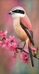 Bird rests on a flowering branch with a soft pink background.