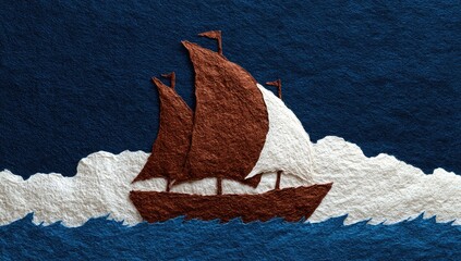 A brown sailing vessel with two sails cuts through white ocean waves.