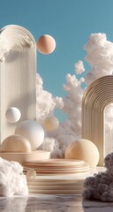 Soft pastel abstract scene with spheres and clouds against a sky backdrop.