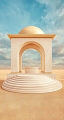 Ancient architectural structure with dome and arch stands in a sandy landscape.