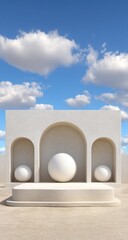 Minimalist architectural display with spheres on a pedestal under a cloudy sky.
