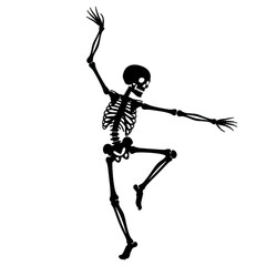 A black silhouette of a skeleton dancing in a ballet pose, isolated on a transparent background