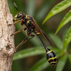 Ultra-sharp macro shot of a black and yellow Mud Dauber Wasp (likely Sceliphron species) with its characteristic long, thin petiole and striped abdomen, perched vertically on rough tree bark.