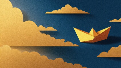 Yellow paper boat sails through fluffy golden clouds in the sky.