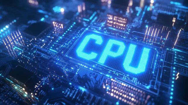 Closeup view of a glowing blue cpu chip on a complex circuit board, symbolizing advanced technology, artificial intelligence, and modern computing power 4k video