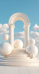 Abstract white architectural arch with spheres against a cloudy blue sky.