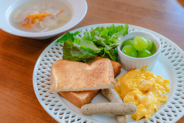 Western breakfast with scrambled eggs and toast
