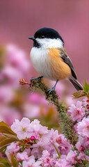 Small black capped bird rests among delicate pink blossoms.