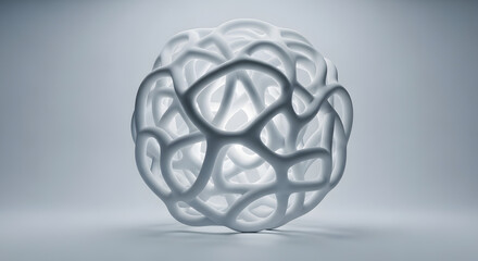 Abstract white organic sphere with intricate lattice structure, isolated on white background