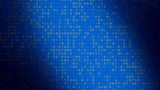 Orange code, encryption, numbers, data, blue background. Computer programming, science, analyzing. 3D animation