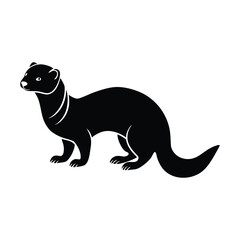 Silhouette of a sleek black mink standing alert with its tail curled and a white collar detail