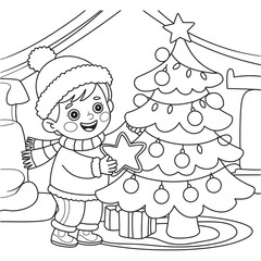 Scalable vector eps illustration of a happy child decorating a christmas tree with ornaments and presents silhouette vector illustration white background