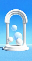 White architectural arch frames floating spheres against a bright blue sky.