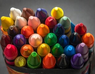 Close-up shot of colorful crayons, arranged in a cluster