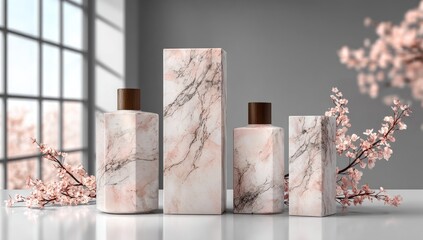 Elegant marble bottles and branches with delicate pink blossoms are displayed.