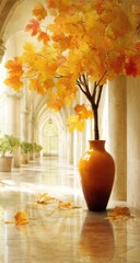 Autumn tree in a vase decorates a sunlit arcade with potted plants.