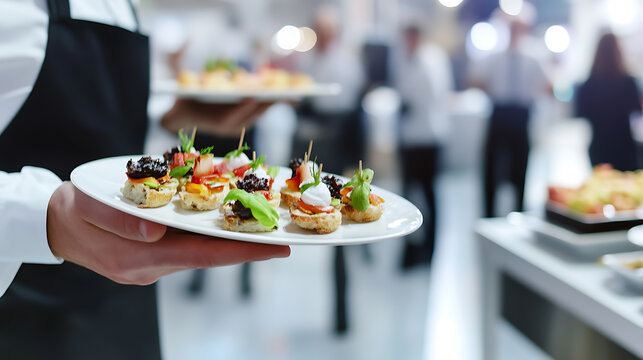 Catering service presents a plate of exquisite hors d'oeuvres, showcasing culinary artistry & attention to detail. Perfect for events or parties.