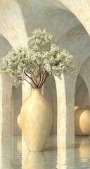 A serene scene features a blooming tree in a large urn within a sunlit archway.