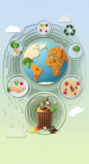 Fototapeta premium World map made of food, surrounded by plates with vegetables, salad, pasta, and recycling symbol, with food waste bin below, promoting sustainability and healthy eating