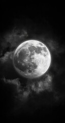 Detailed moon glows amidst dark, swirling, ethereal clouds