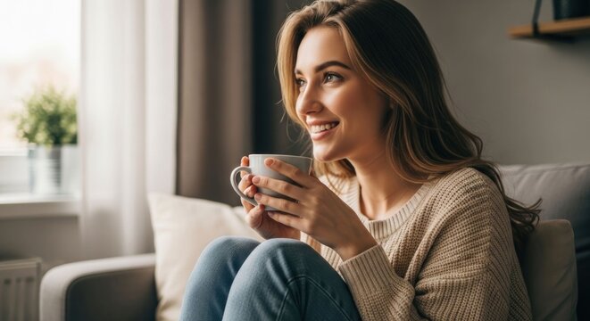 A smiling woman sits on a couch, holding a mug, gazing out a window