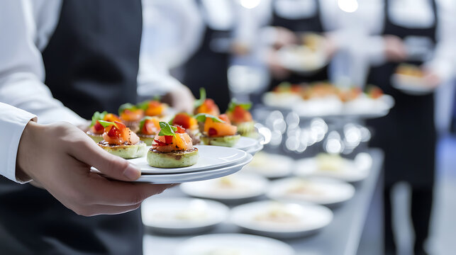Elegant catering service with servers carrying plates of appetizer delicacies, creating a refined culinary experience. Ready to taste gourmet canapés?