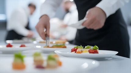 A chef meticulously plates an appetizer in a professional kitchen setting, demonstrating precision and artistry in food presentation.