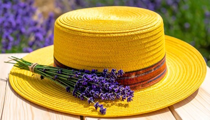 A sunny yellow sun hat, resting on a wooden surface, adorned with a bundle of vibrant purple flowers. Background features more floral blooms