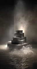 Geometric steps rise from water, illuminated by dramatic spotlighting.