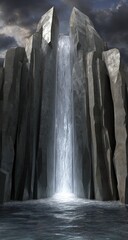 Majestic waterfall flows between towering, jagged rock formations under a stormy sky.