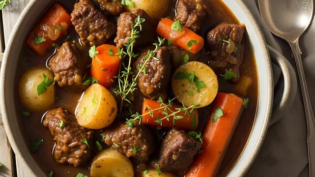 Close up of a bowl of beef stew with carrots potatoes and thyme sprigs garnish