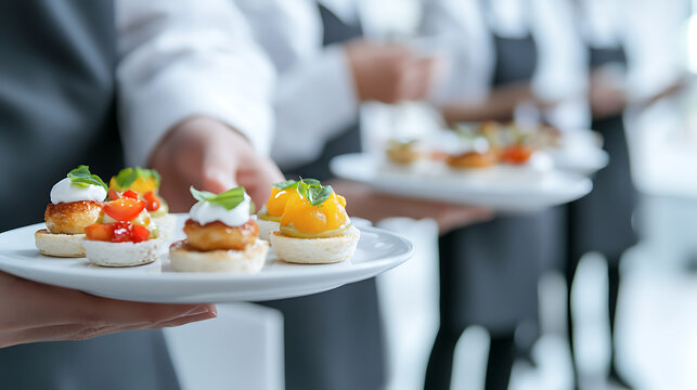 Elegant canapés are displayed on plates held by servers in uniform. The appetizer's delicate composition and presentation creates a sophisticated culinary experience.