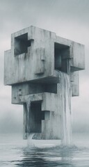 Surreal concrete structure with waterfalls cascades into water.