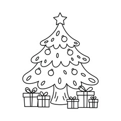 Black and white vector line art christmas tree illustration with presents scalable eps icon silhouette vector illustration white background