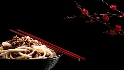 A bowl of noodles with minced meat is served with chopsticks and red blossoms.