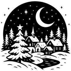 Black and white vector winter night village scene with Christmas tree and moon, perfect for engraving and seasonal prints.