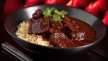 Hearty stew with tender meat and noodles served in a dark bowl.
