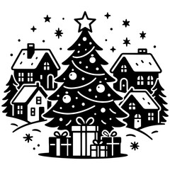 Vector festive Christmas tree with gifts on the city square, ideal for engraving, laser cutting, and seasonal creative projects.