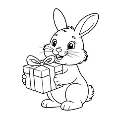Charming vector line art illustration of a cute rabbit holding a gift box perfect for festive designs silhouette vector illustration white background