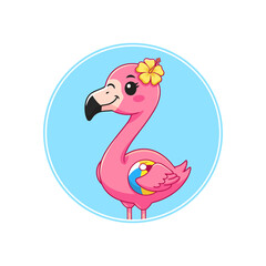 Cute Cartoon Flamingo with Beach Ball and Hibiscus Flower